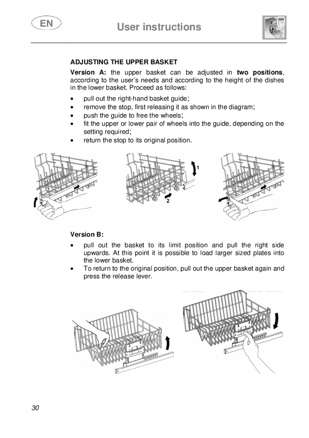 Smeg EN instruction manual Adjusting the Upper Basket, Version B 