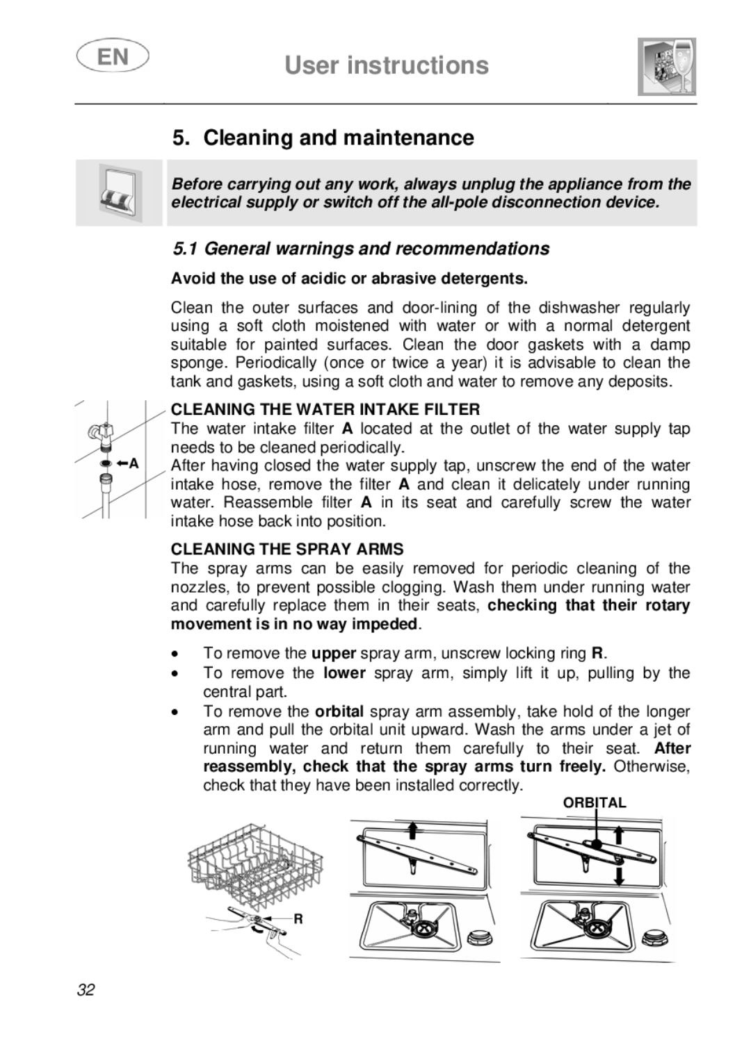 Smeg EN instruction manual Cleaning and maintenance, Cleaning the Water Intake Filter, Cleaning the Spray Arms 