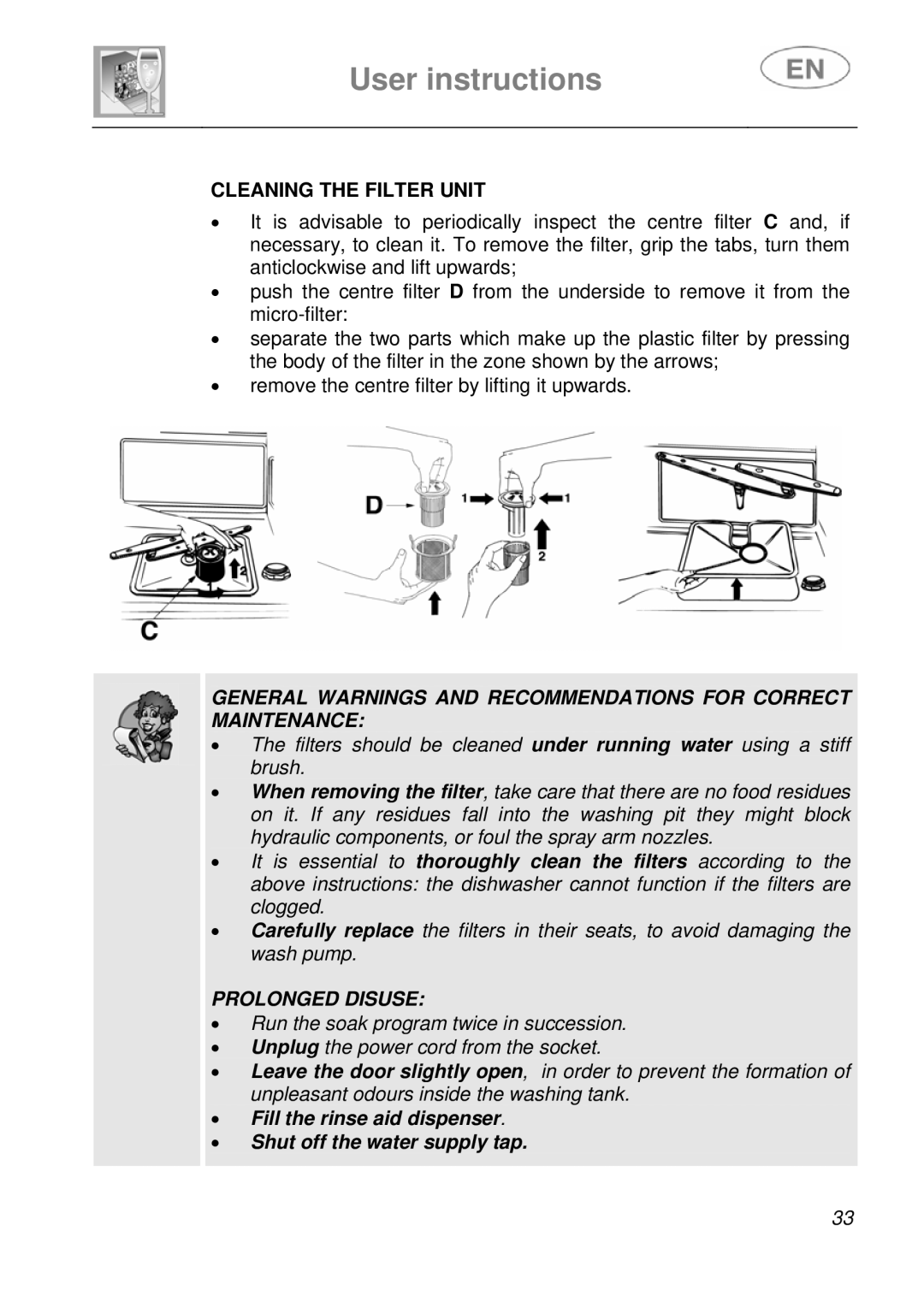 Smeg EN instruction manual Cleaning the Filter Unit, Prolonged Disuse 