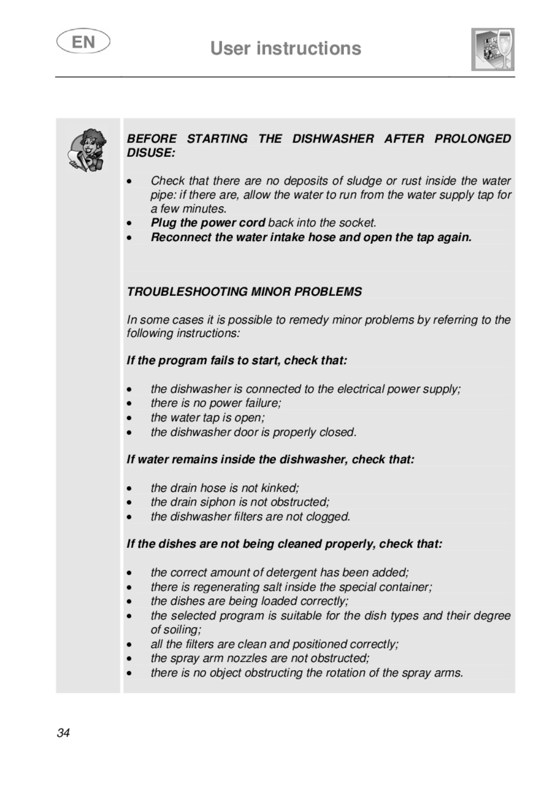 Smeg EN instruction manual Before Starting the Dishwasher After Prolonged Disuse 