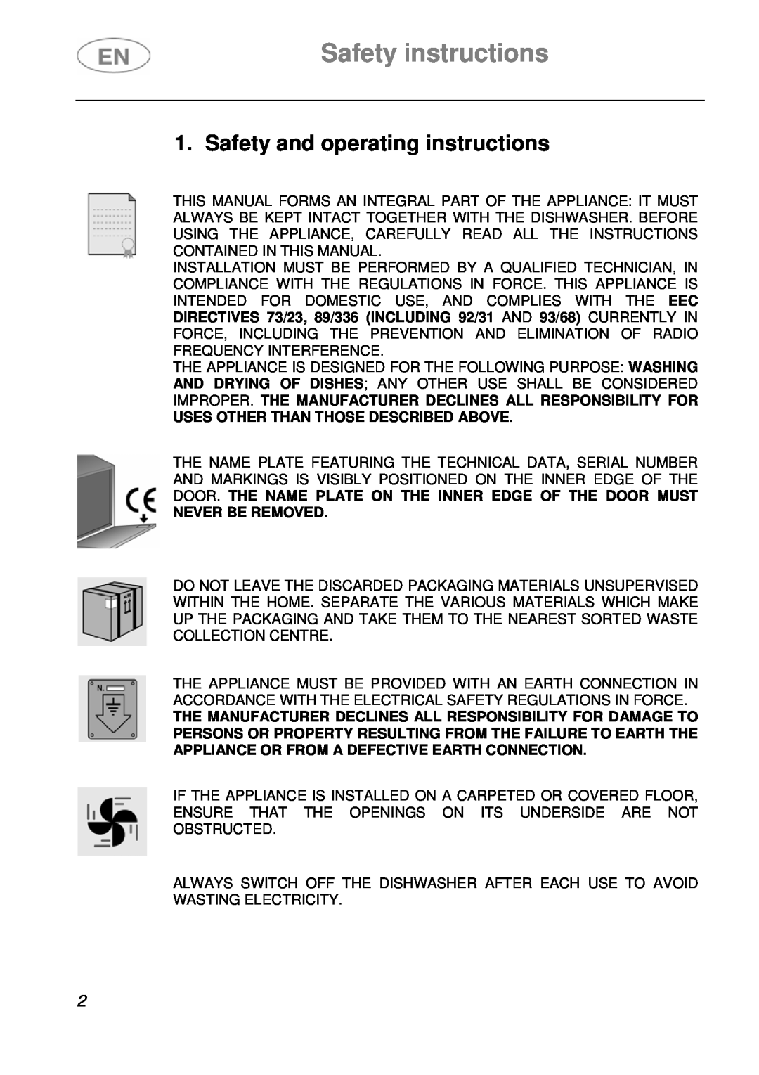 Smeg EN Safety instructions, Safety and operating instructions, Uses Other Than Those Described Above, Never Be Removed 