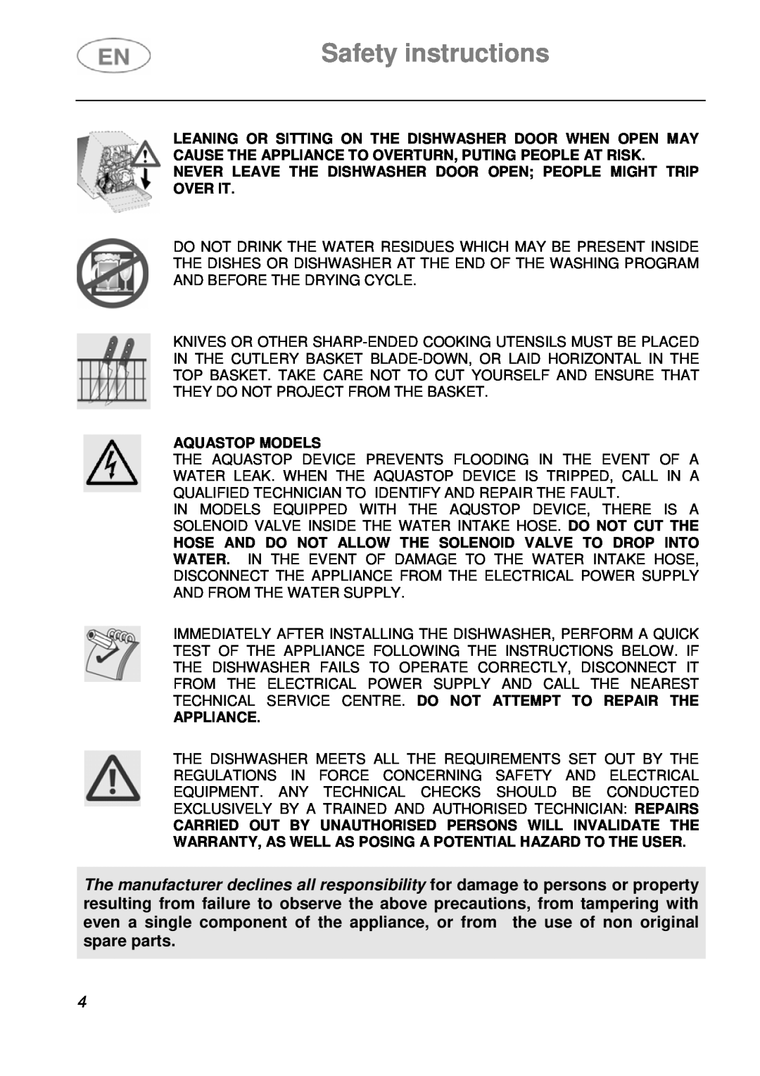 Smeg EN instruction manual Safety instructions, Aquastop Models, Appliance 