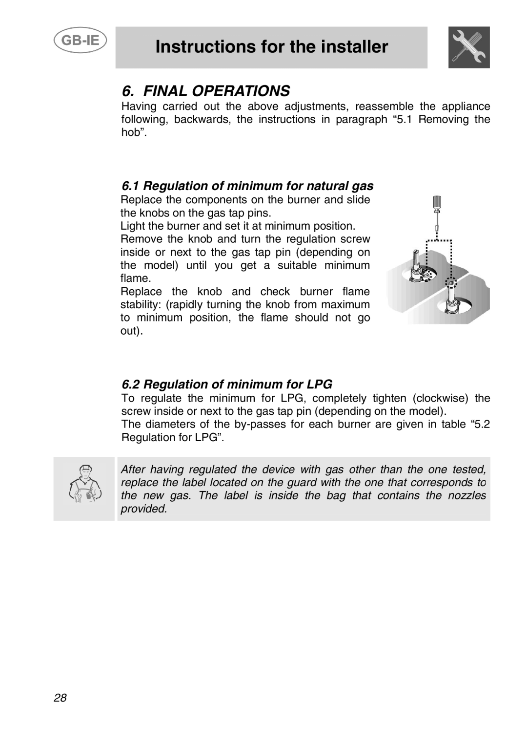 Smeg ER12550EU, ER12150EU, ER12150PP Final Operations, Regulation of minimum for natural gas, Regulation of minimum for LPG 