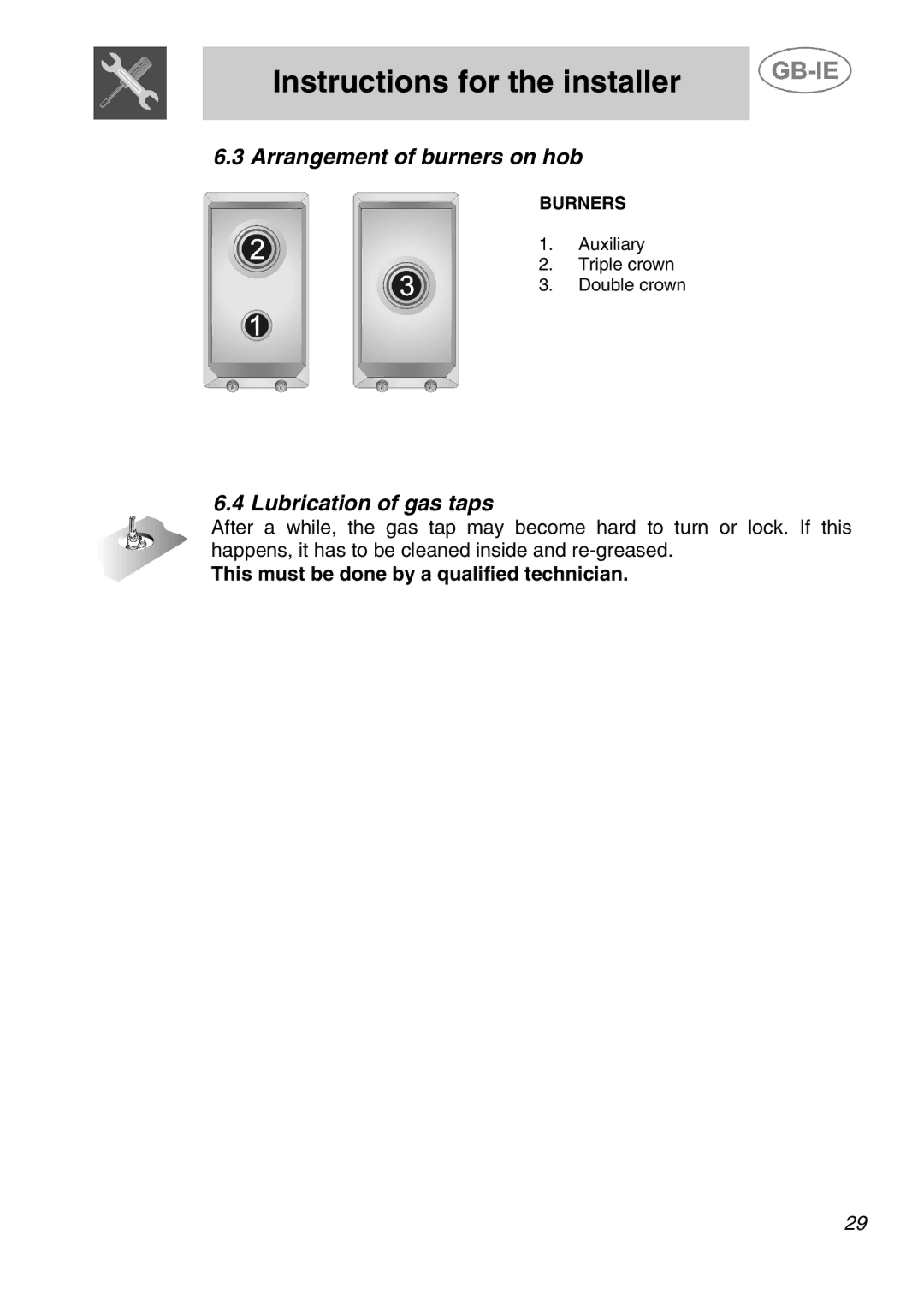 Smeg ER12150PP, ER12150EU, ER12550EU, ER12150NL, ER12550NL manual Arrangement of burners on hob, Lubrication of gas taps 