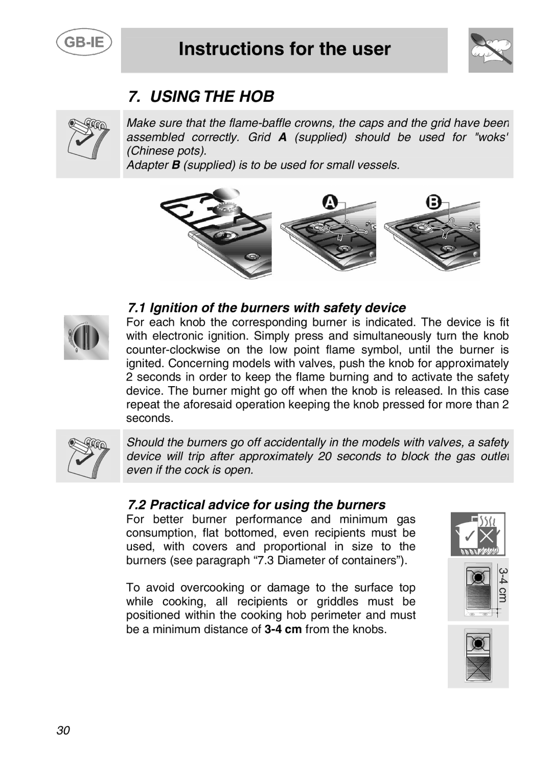 Smeg ER12150NL, ER12150EU, ER12550EU Instructions for the user, Using the HOB, Ignition of the burners with safety device 