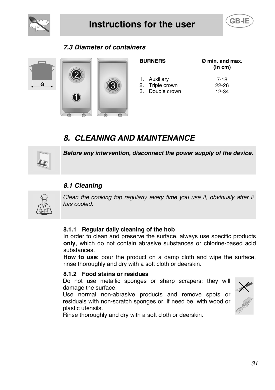 Smeg ER12550NL, ER12150EU, ER12550EU, ER12150PP, ER12150NL manual Cleaning and Maintenance, Diameter of containers 