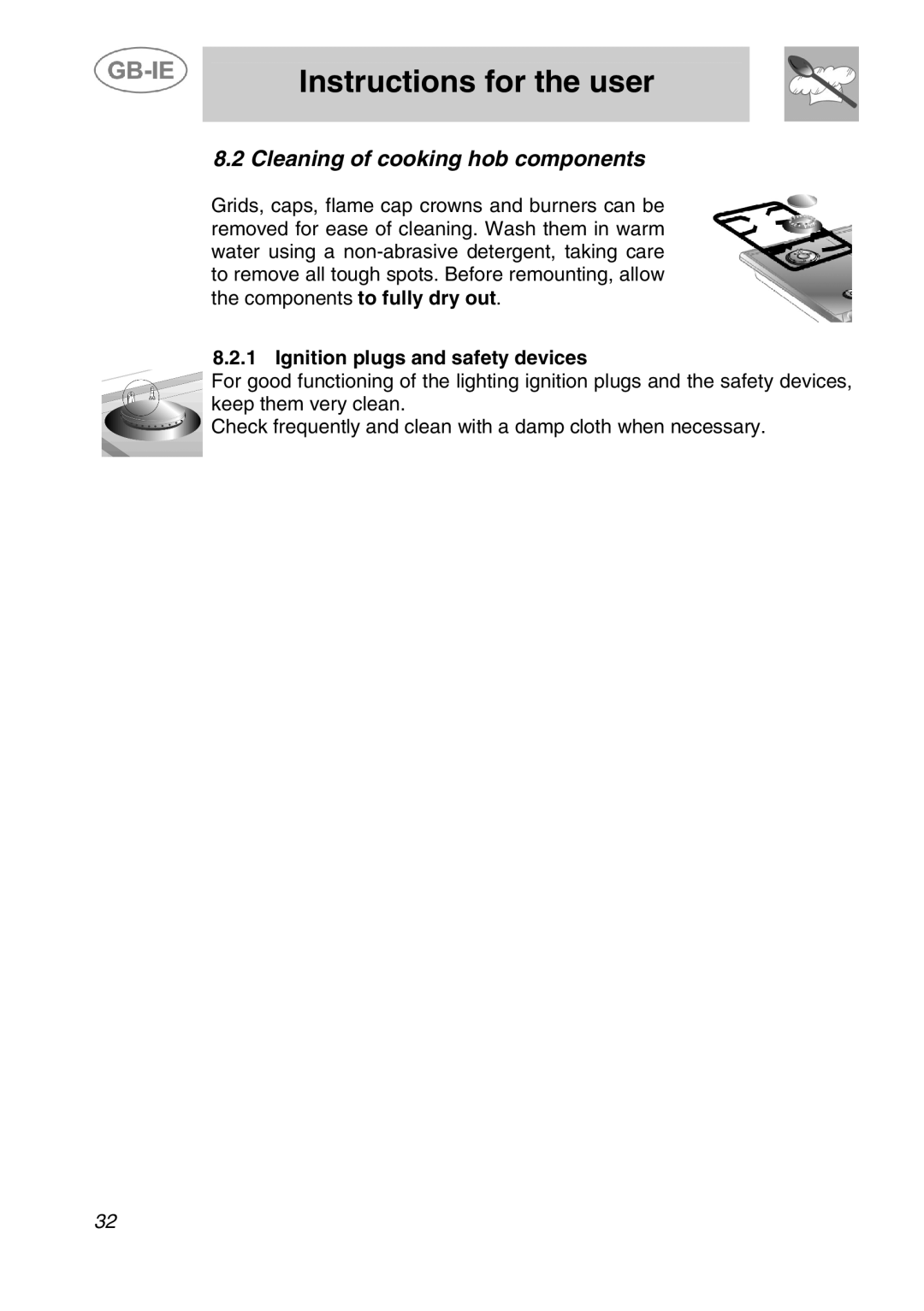 Smeg ER12150EU, ER12550EU, ER12150PP, ER12150NL manual Cleaning of cooking hob components, Ignition plugs and safety devices 