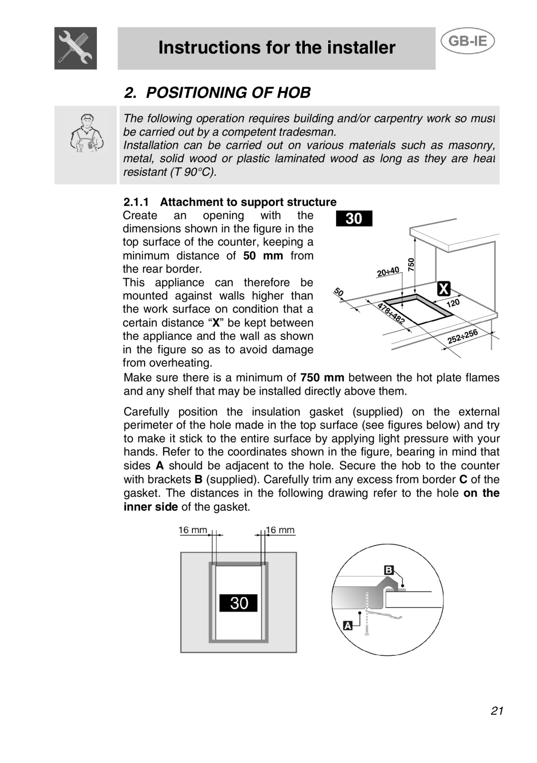 Smeg ER12550NL, ER12150EU, ER12550EU, ER12150PP, ER12150NL manual Instructions for the installer, Positioning of HOB 