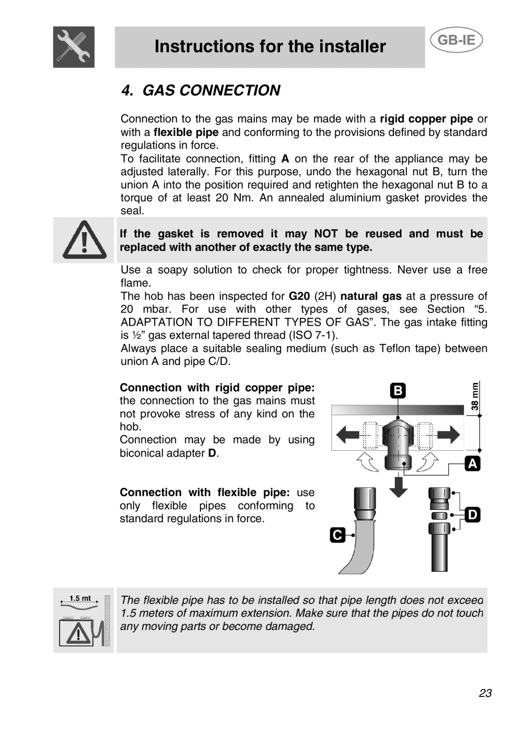 Smeg ER12550EU, ER12150EU, ER12150PP, ER12150NL, ER12550NL manual GAS Connection 