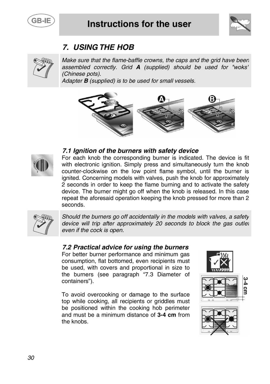 Smeg ER17450FG, ER17350FG manual Instructions for the user, Using the HOB, Ignition of the burners with safety device 