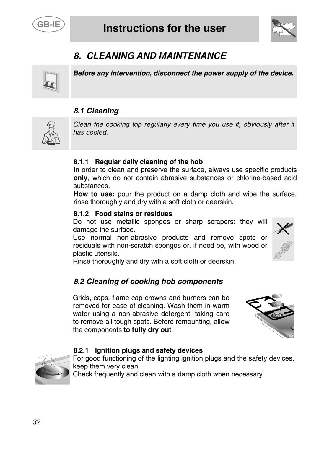 Smeg ER17450FG, ER17350FG manual Cleaning and Maintenance, Cleaning of cooking hob components 