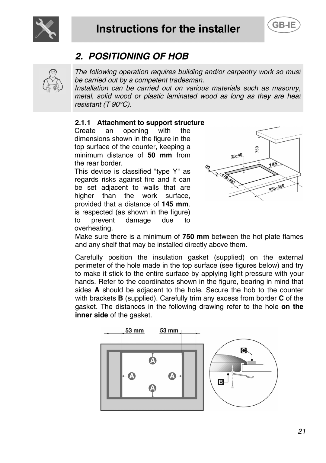 Smeg ER17350FG, ER17450FG manual Instructions for the installer, Positioning of HOB 