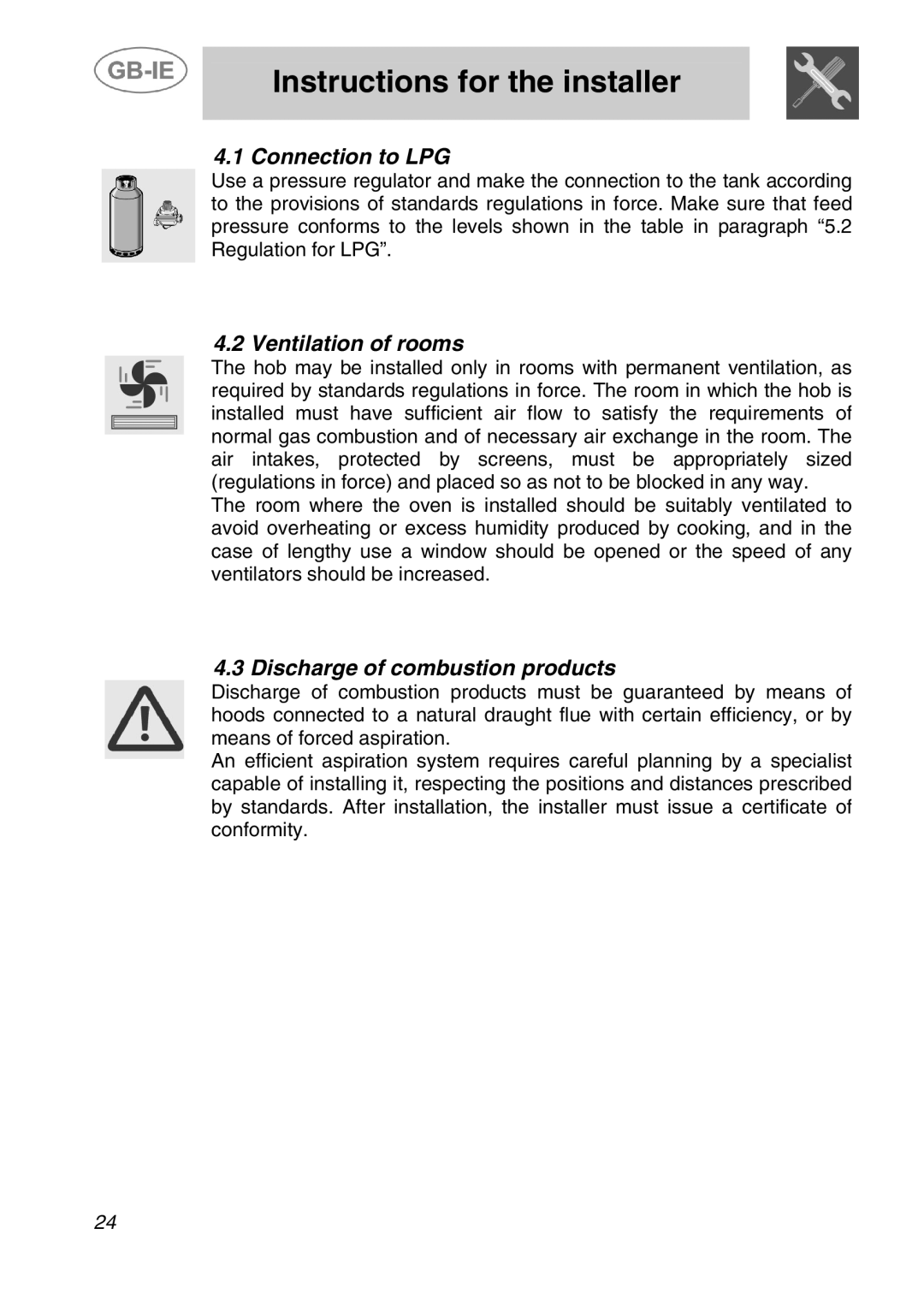 Smeg ER17450FG, ER17350FG manual Connection to LPG, Ventilation of rooms, Discharge of combustion products 