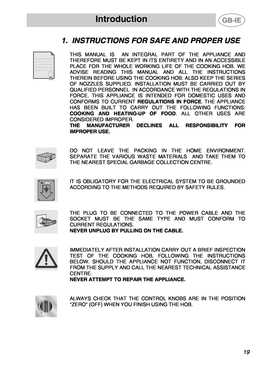 Smeg ER17350FG, ER17450FG manual Introduction, Instructions For Safe And Proper Use, Never Unplug By Pulling On The Cable 