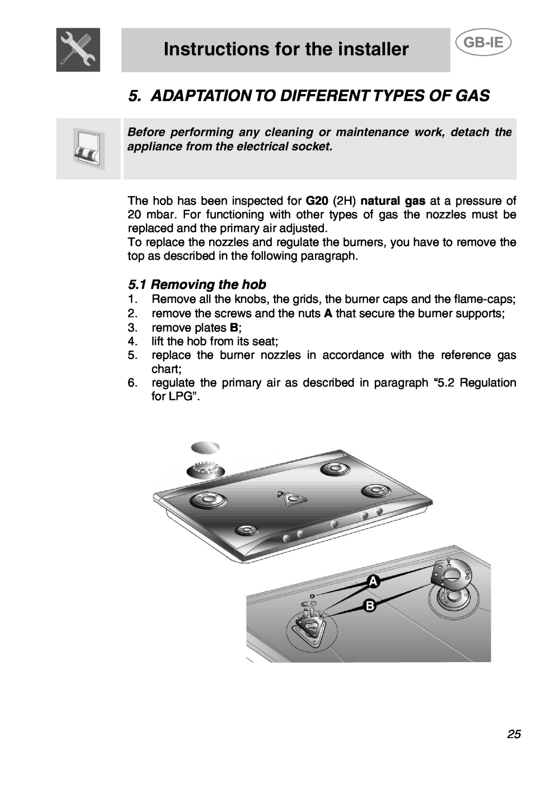 Smeg ER17350FG, ER17450FG manual Adaptation To Different Types Of Gas, Removing the hob, Instructions for the installer 