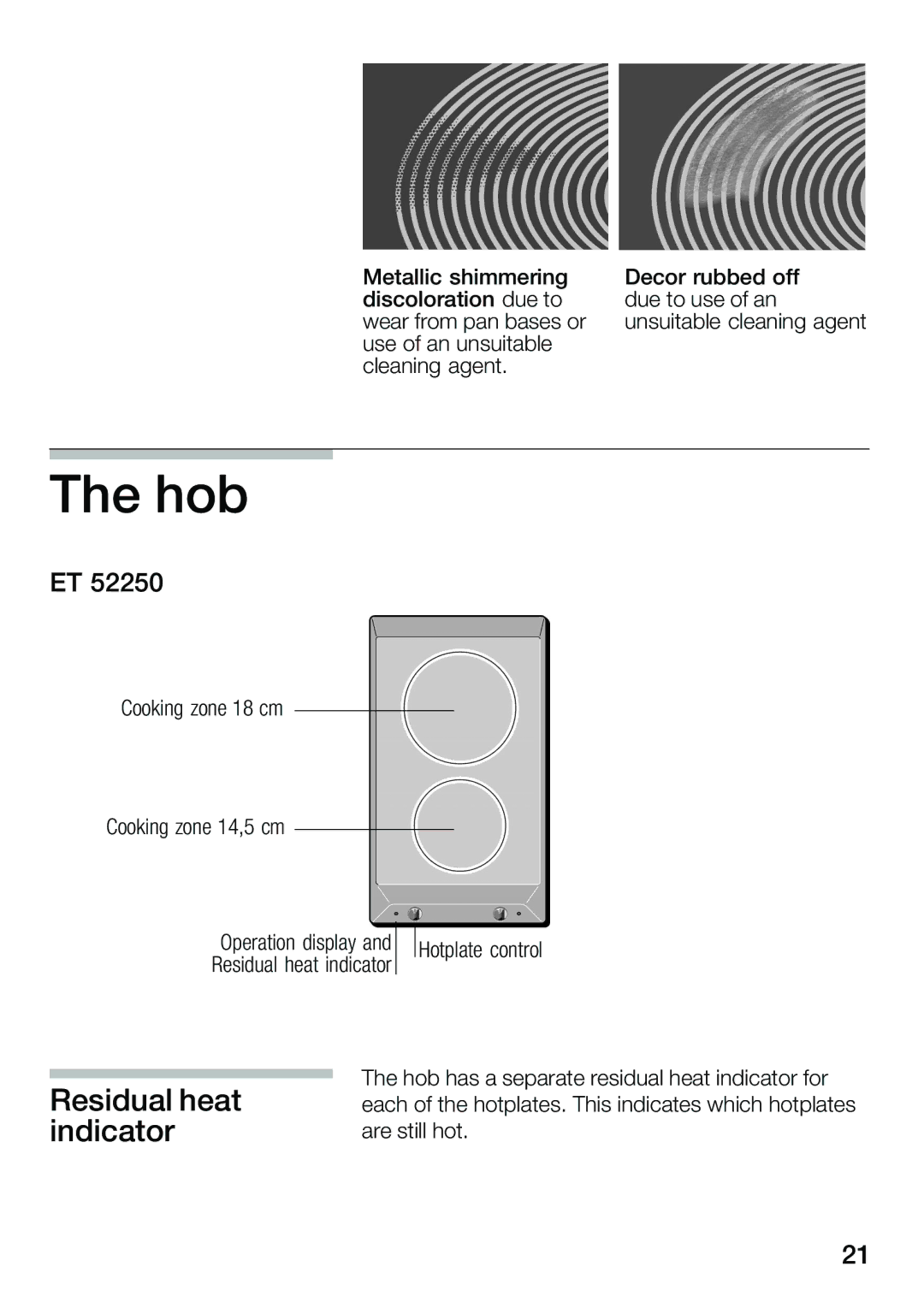 Smeg ET 52250 instruction manual Hob, Residual heat indicator 