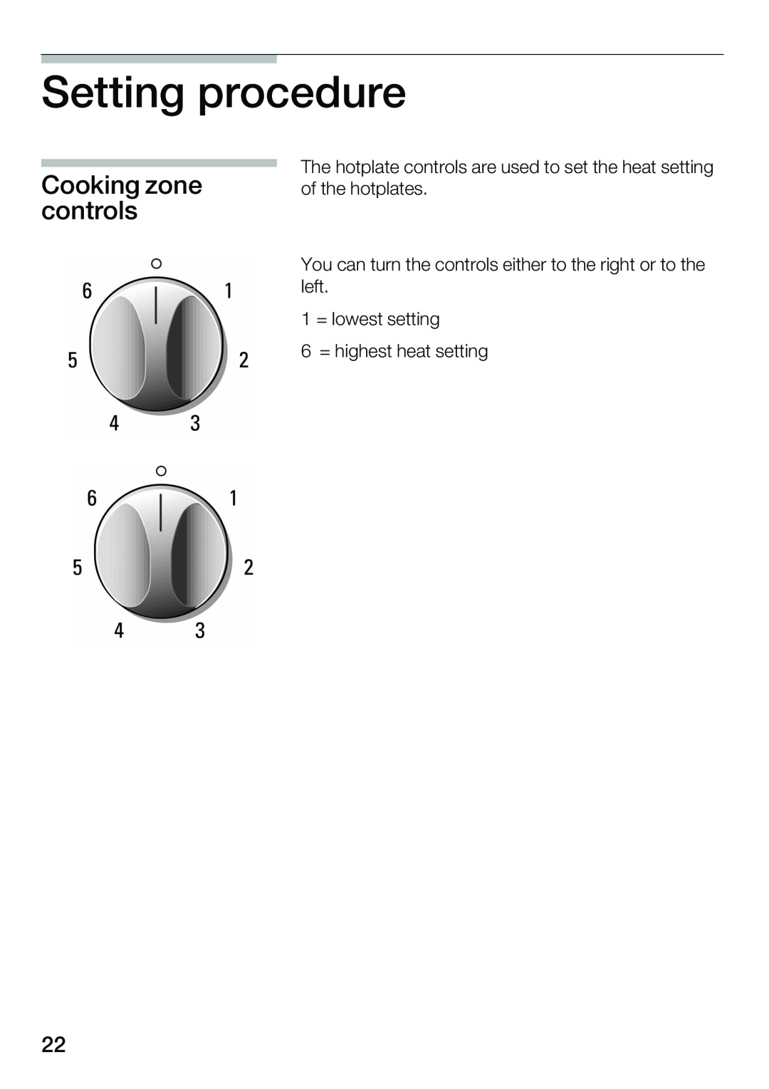 Smeg ET 52250 instruction manual Setting procedure, Cooking zone controls 