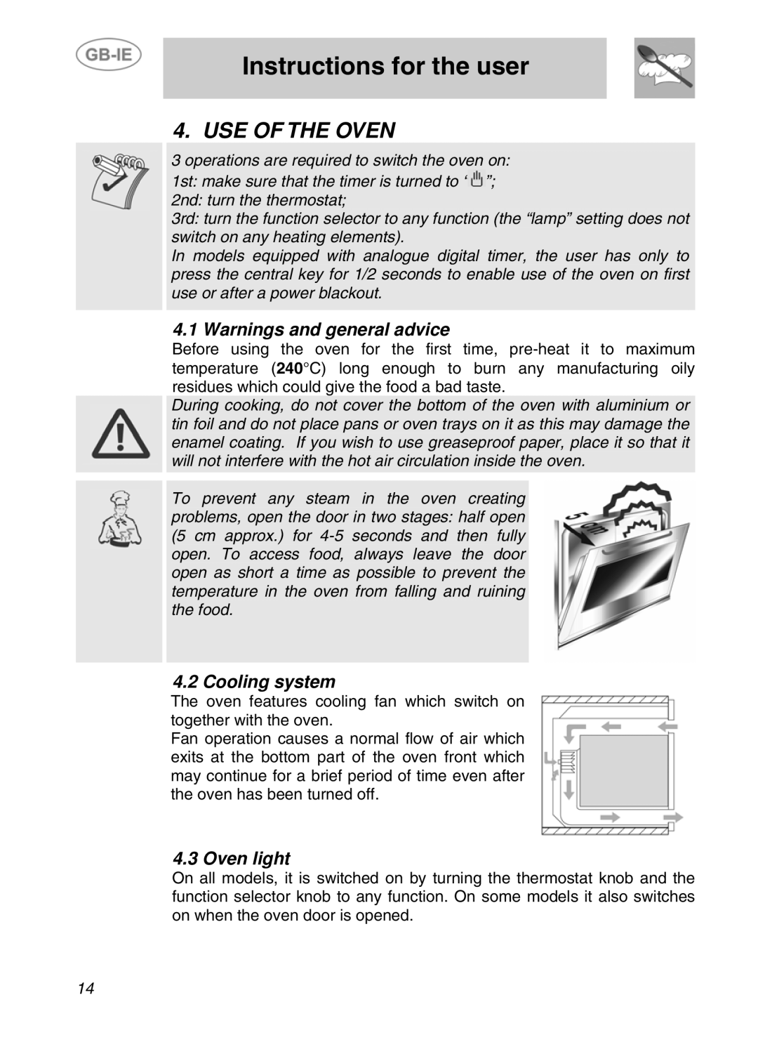 Smeg F170K-5 manual USE of the Oven, Cooling system, Oven light 