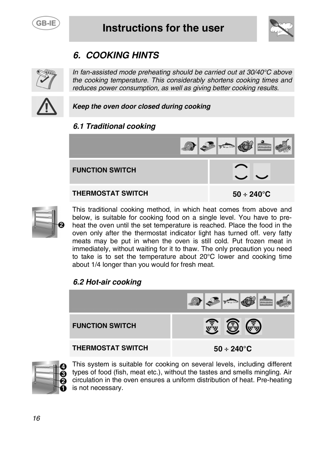 Smeg F170K-5 manual Cooking Hints, Traditional cooking, Hot-air cooking 