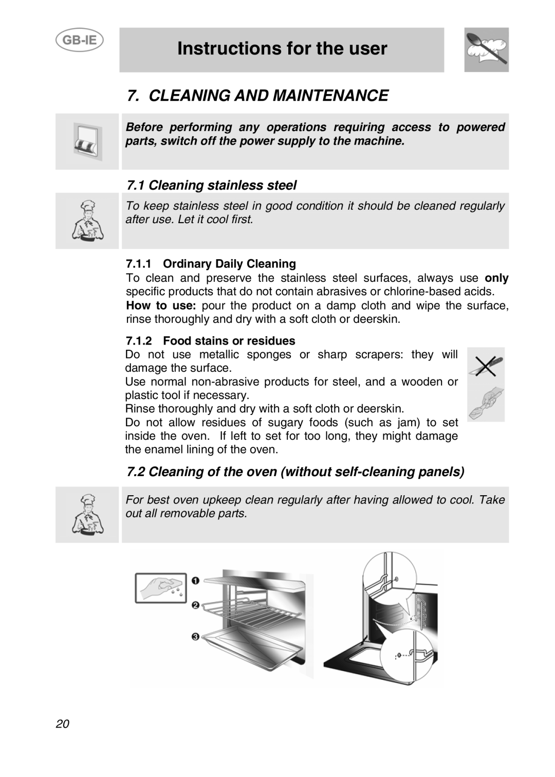 Smeg F170K-5 manual Cleaning and Maintenance, Cleaning stainless steel, Cleaning of the oven without self-cleaning panels 