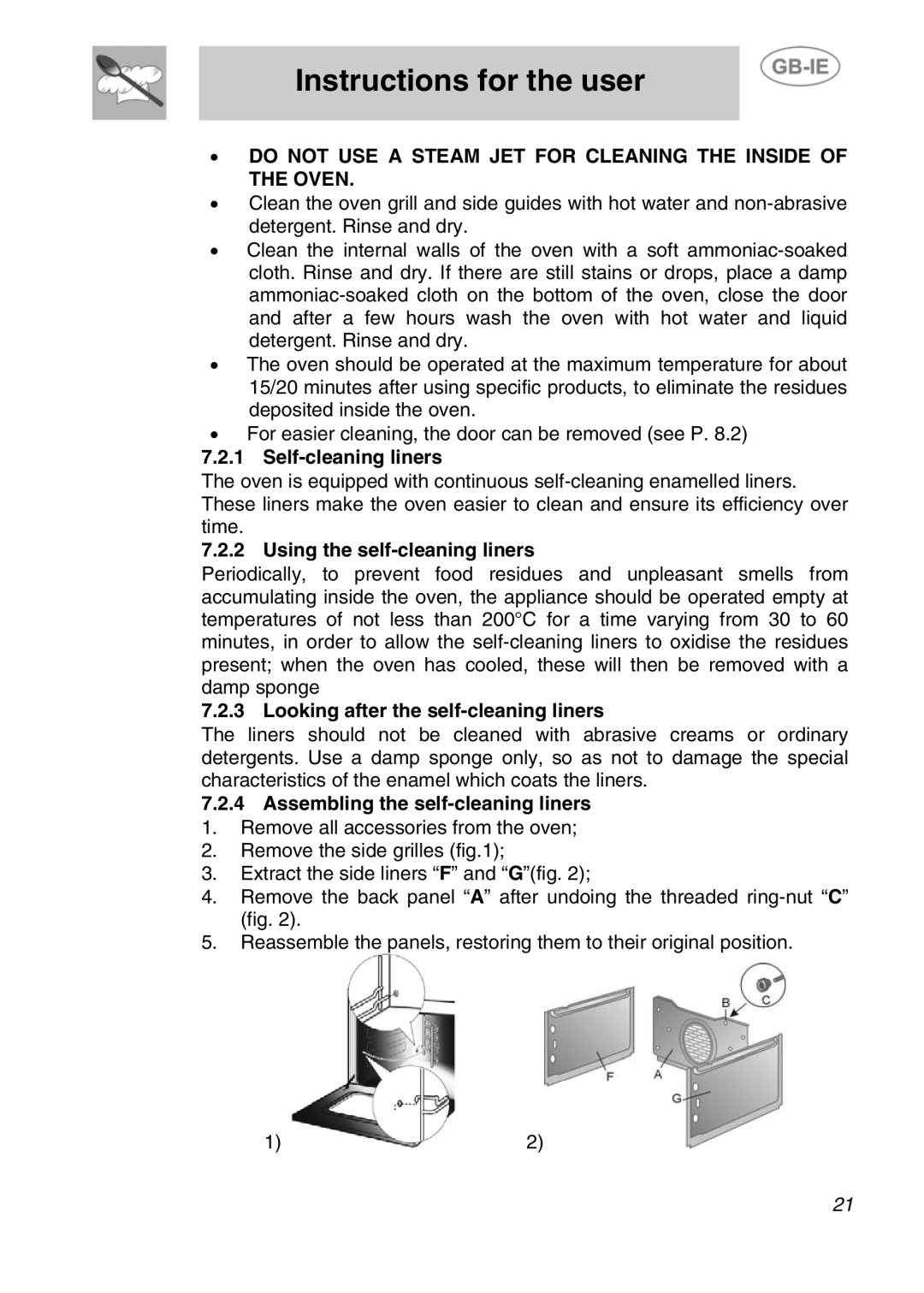 Smeg F170K-5 manual Self-cleaning liners, Using the self-cleaning liners, Looking after the self-cleaning liners 