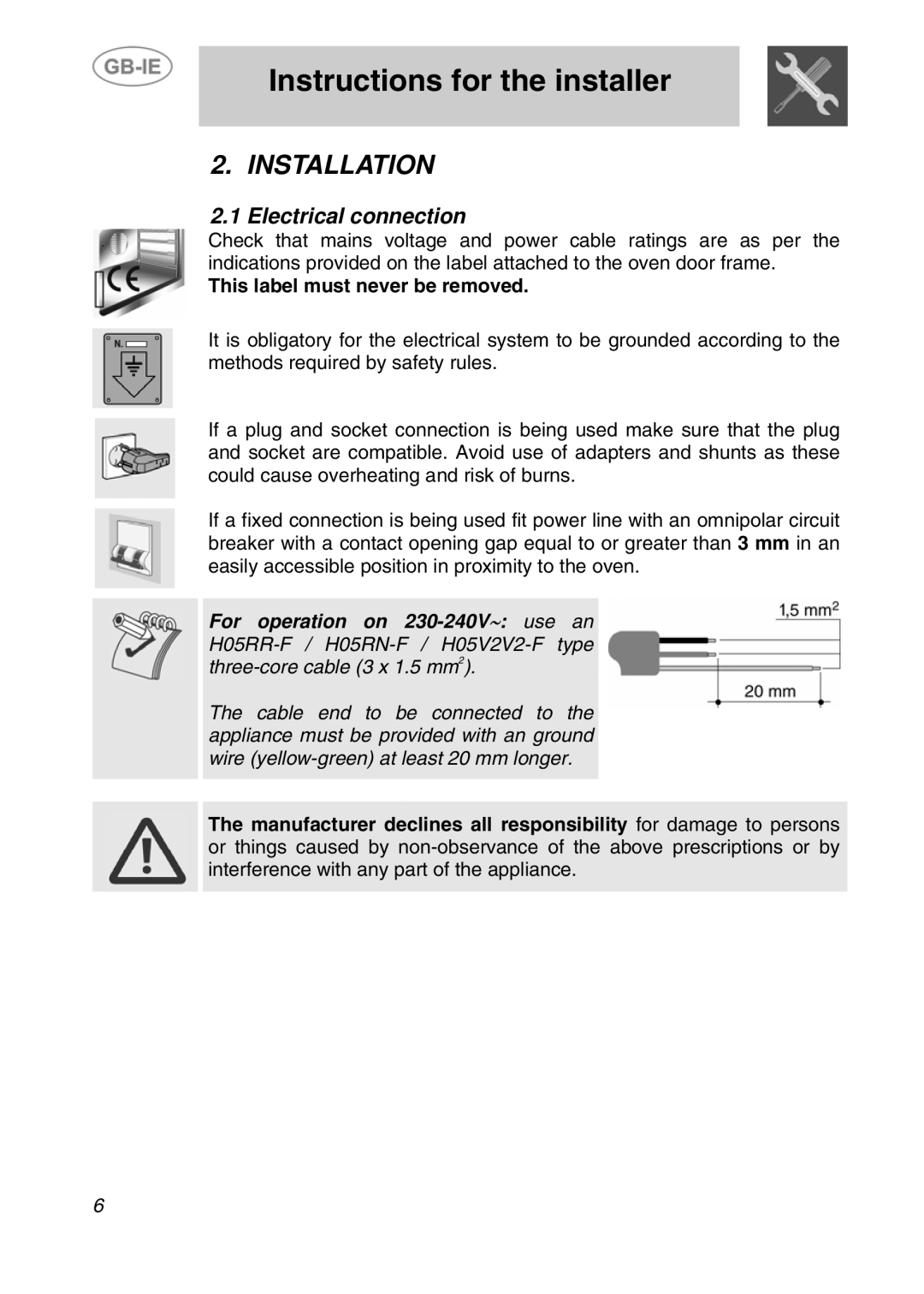 Smeg F170K-5 manual Instructions for the installer, Installation, Electrical connection, This label must never be removed 