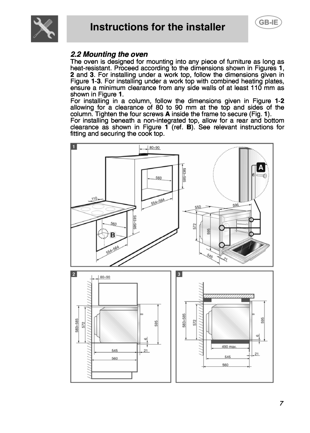 Smeg F170K-5 manual Mounting the oven, Instructions for the installer 