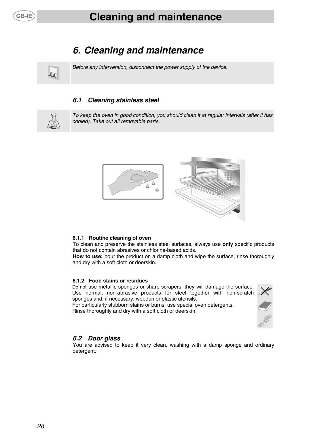 Smeg F610 manual Cleaning and maintenance, Cleaning stainless steel, Door glass 