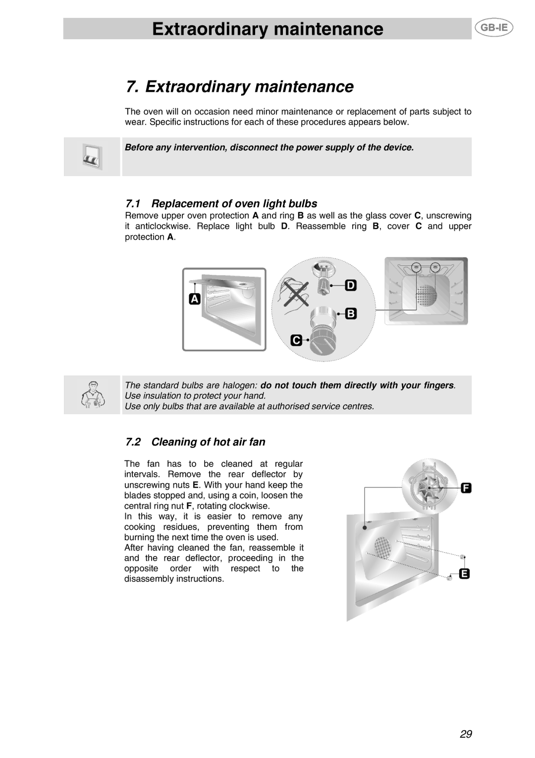 Smeg F610 manual Extraordinary maintenance, Replacement of oven light bulbs, Cleaning of hot air fan 