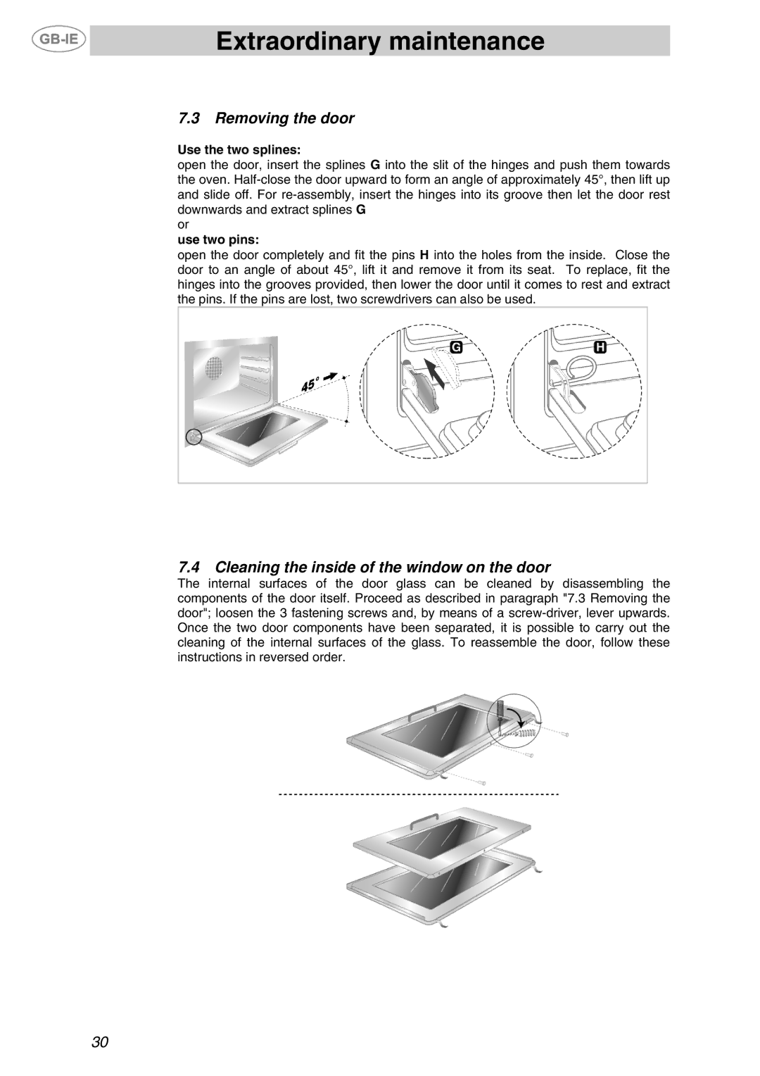 Smeg F610 manual Removing the door, Cleaning the inside of the window on the door, Use the two splines, Use two pins 