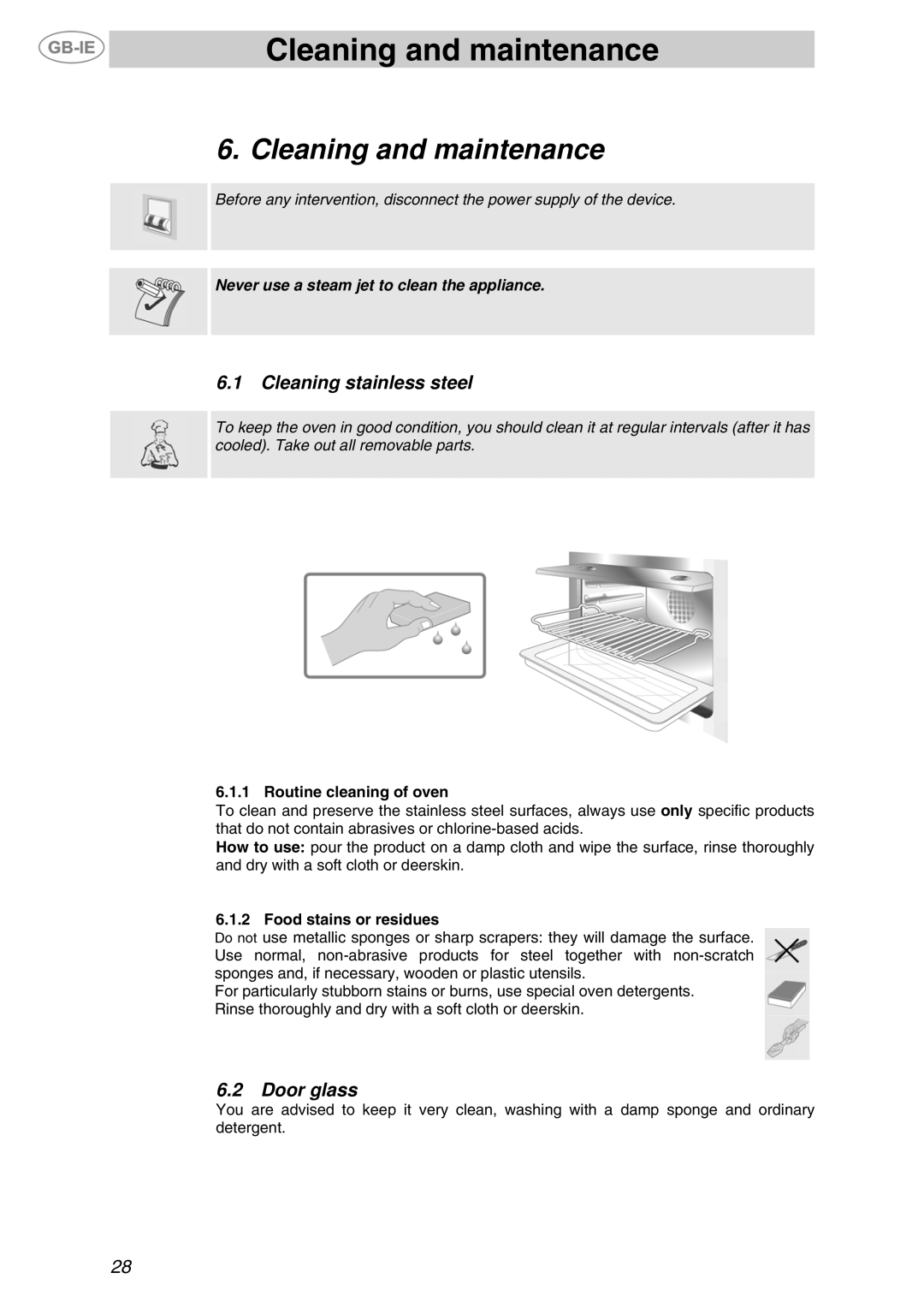 Smeg F65-5 manual Cleaning and maintenance, Cleaning stainless steel, Door glass 