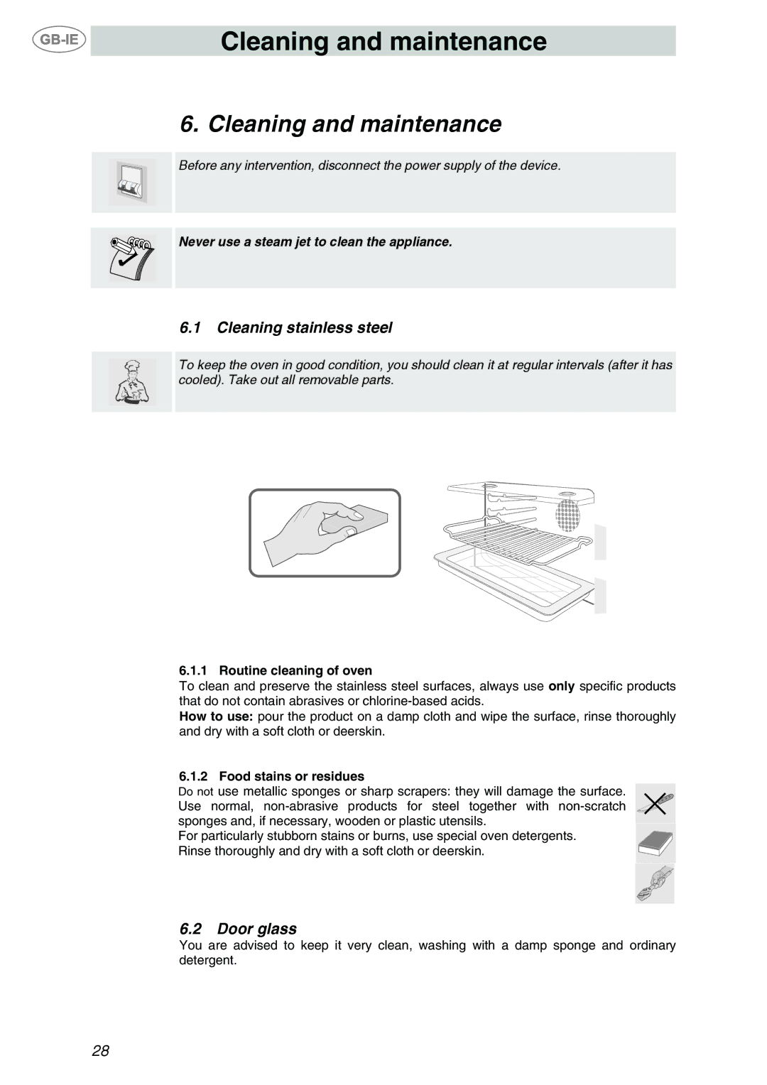 Smeg F65-7, F67-7 manual Cleaning and maintenance, Cleaning stainless steel, Door glass 