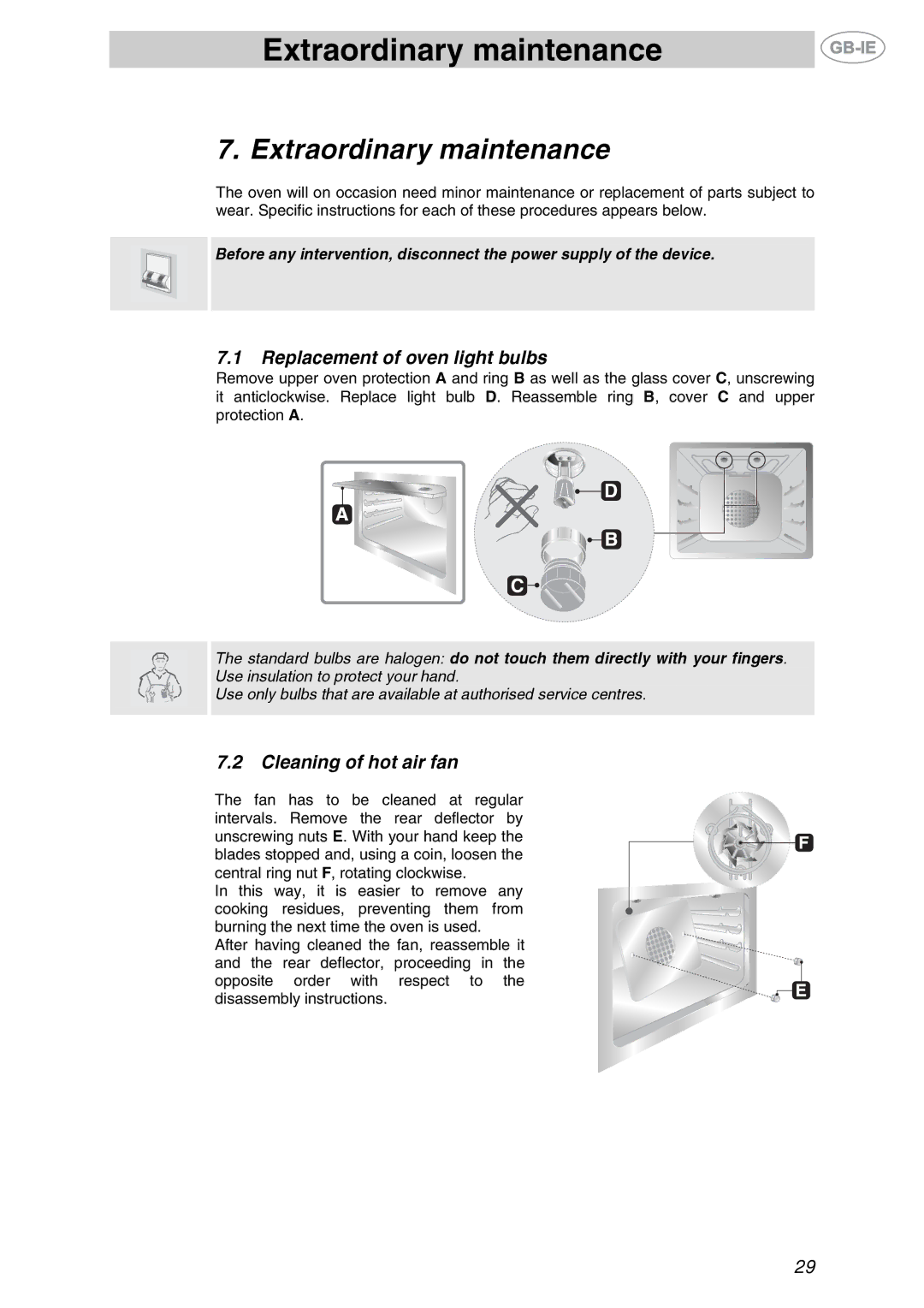 Smeg F67-7, F65-7 manual Extraordinary maintenance, Replacement of oven light bulbs, Cleaning of hot air fan 