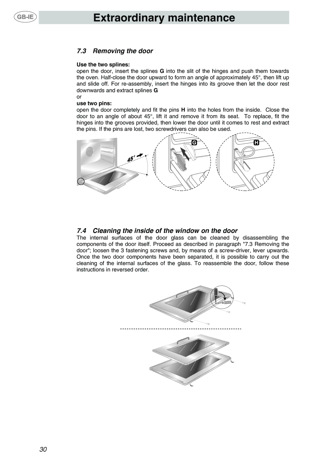 Smeg F65-7, F67-7 manual Removing the door, Cleaning the inside of the window on the door, Use the two splines, Use two pins 