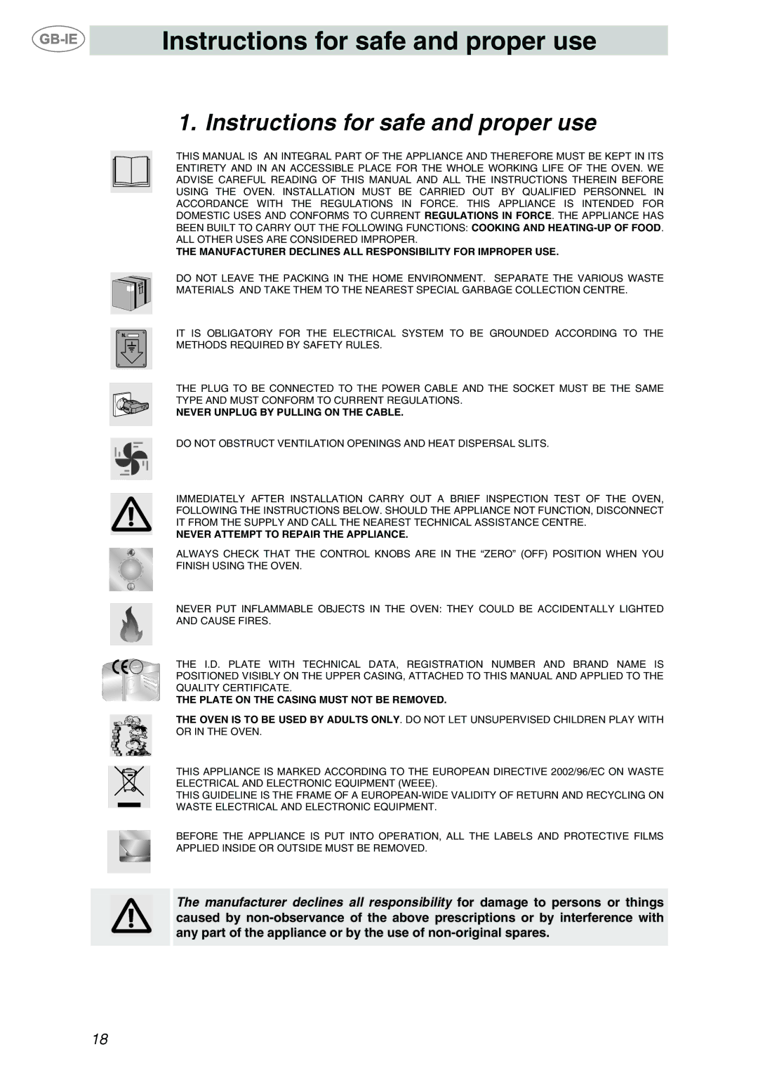 Smeg F65-7, F67-7 manual Instructions for safe and proper use 