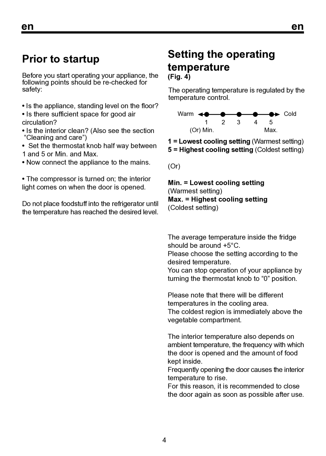 Smeg FA120A instruction manual Prior to startup, Max. = Highest cooling setting 