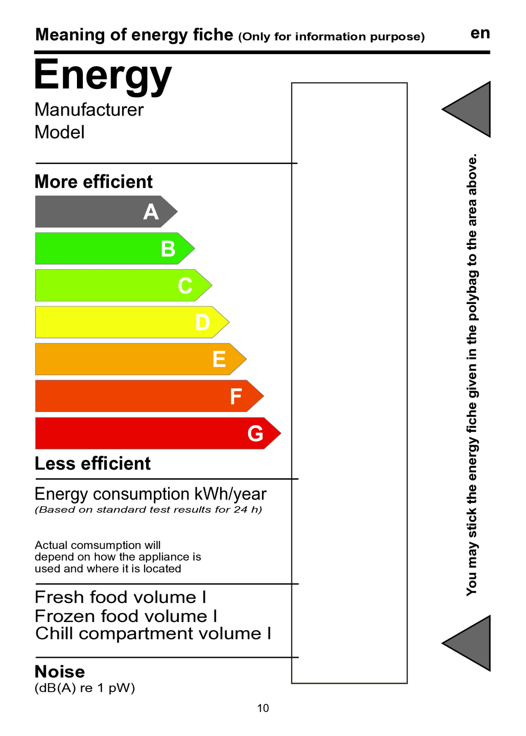 Smeg FA120A instruction manual Noise, Meaning of energy fiche Only for information purpose 