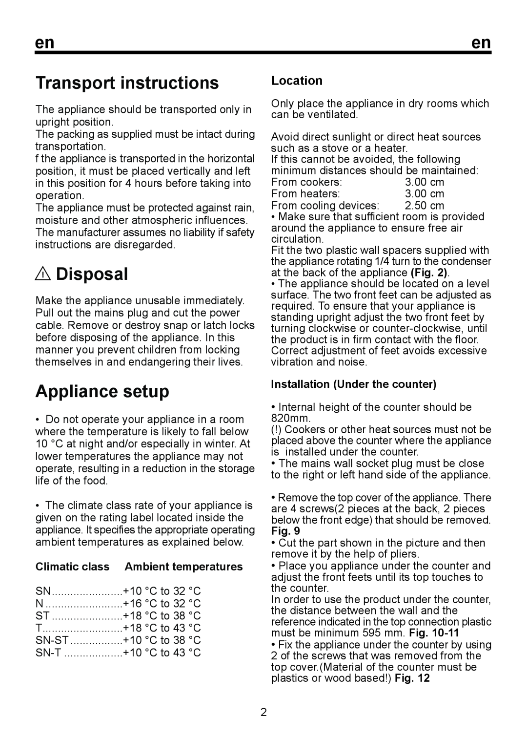 Smeg FA120A Transport instructions, Disposal, Appliance setup, Location, Climatic class, Installation Under the counter 