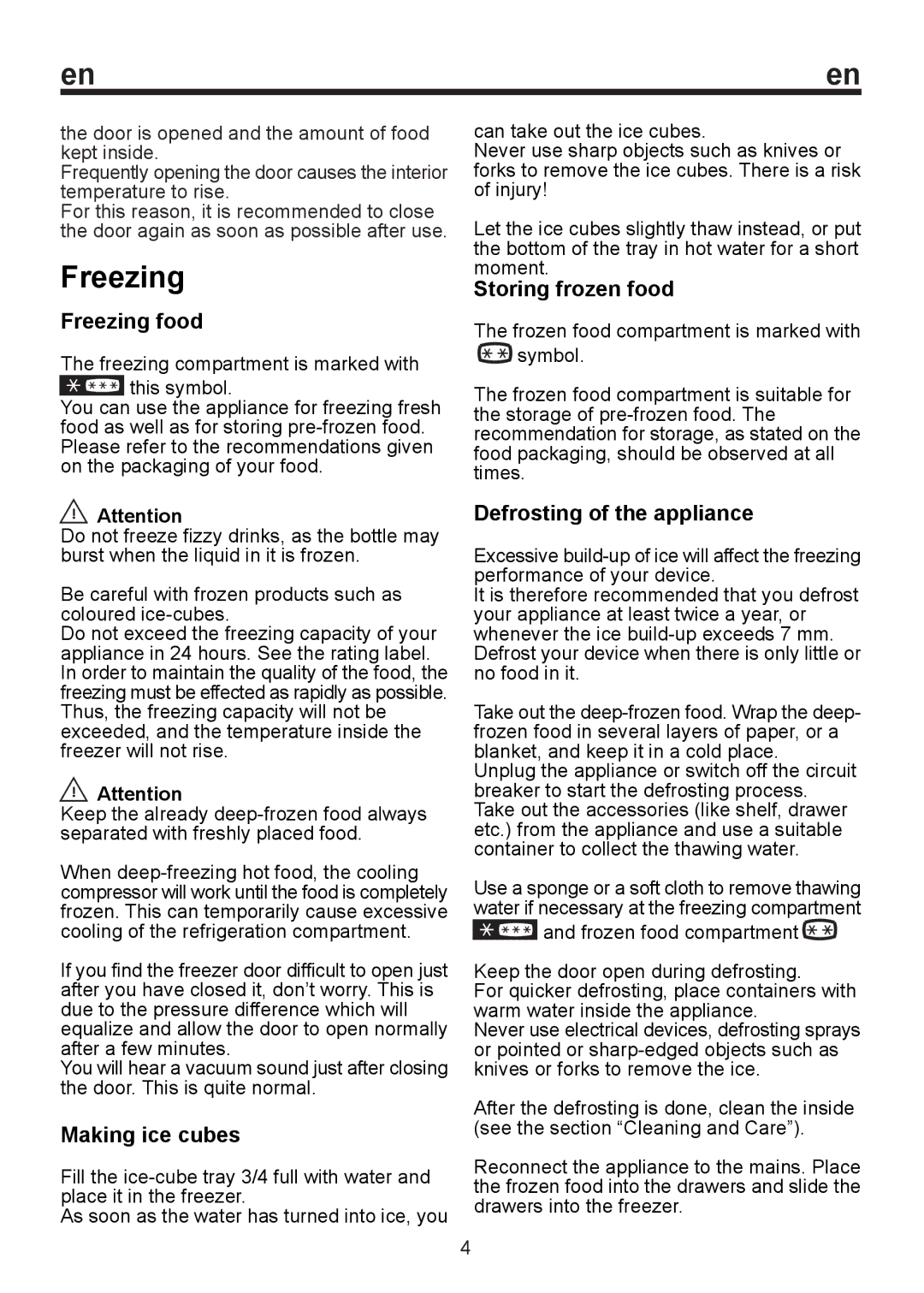 Smeg FA 120 APS, FA120AS Freezing food, Making ice cubes, Storing frozen food, Defrosting of the appliance 