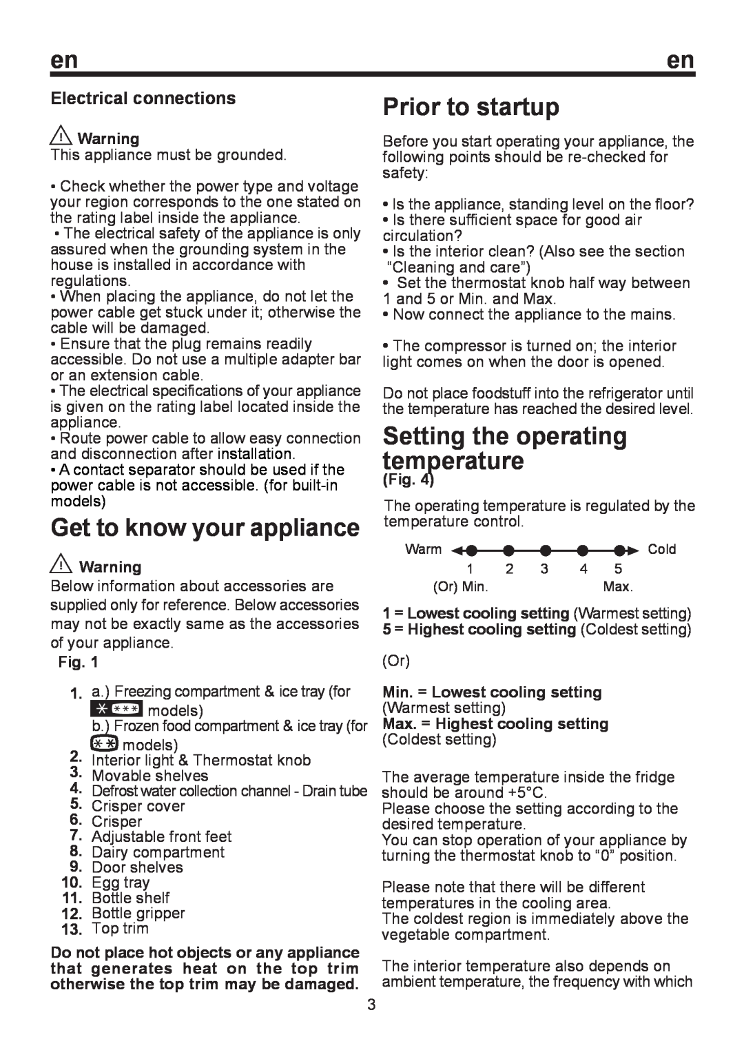 Smeg FA 120 AP Get to know your appliance, Prior to startup, Setting the operating temperature, Electrical connections 