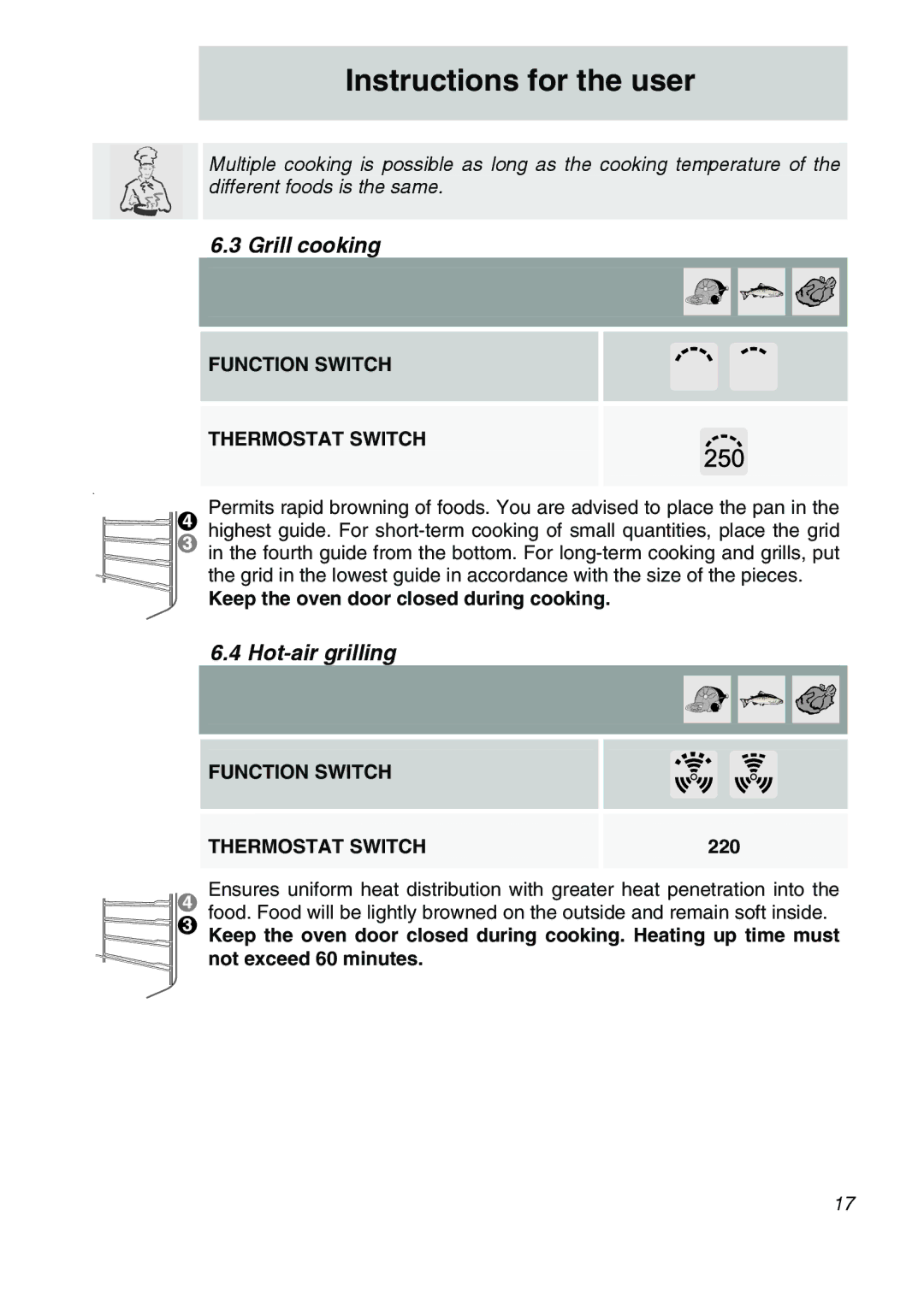 Smeg FA170-5, FA166-5 manual Grill cooking, Hot-air grilling, Keep the oven door closed during cooking, 220 