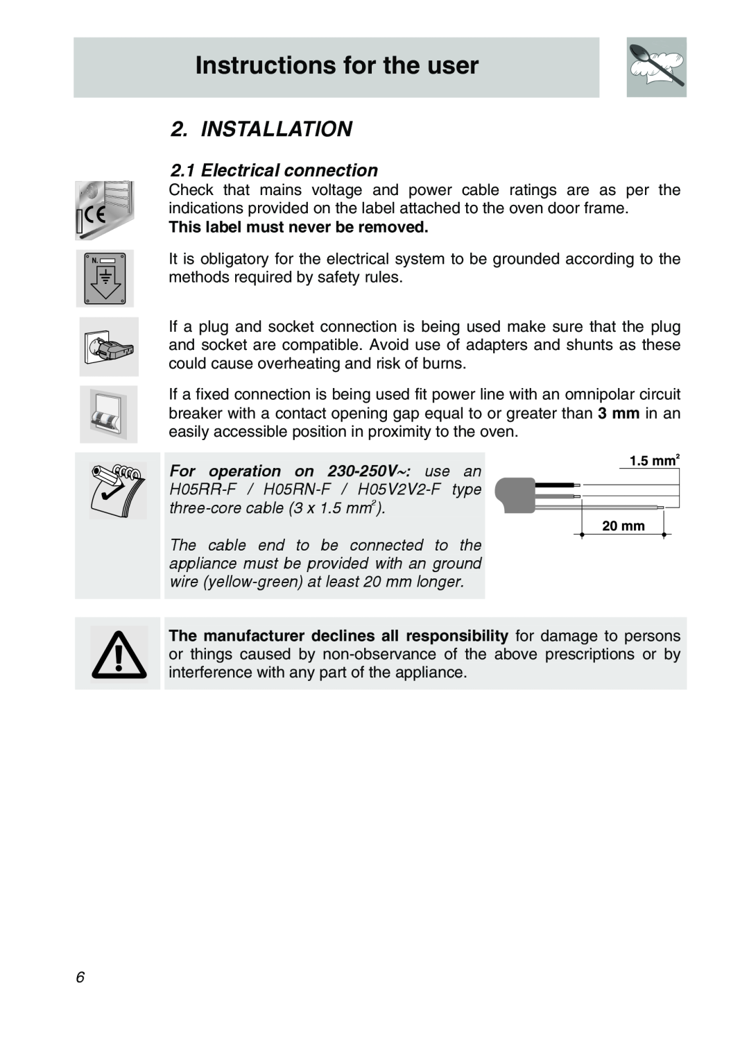 Smeg FA170, FA166-5 manual Instructions for the user, Installation, Electrical connection, This label must never be removed 