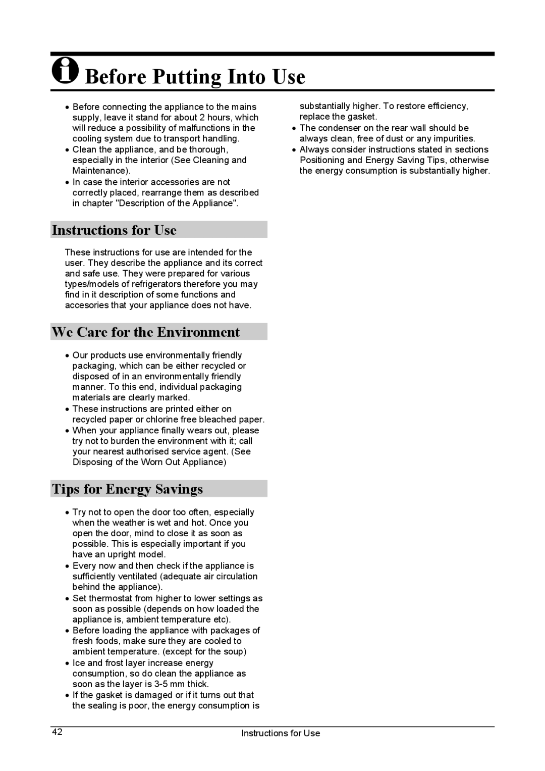 Smeg FA28A manual Before Putting Into Use, Instructions for Use, We Care for the Environment, Tips for Energy Savings 