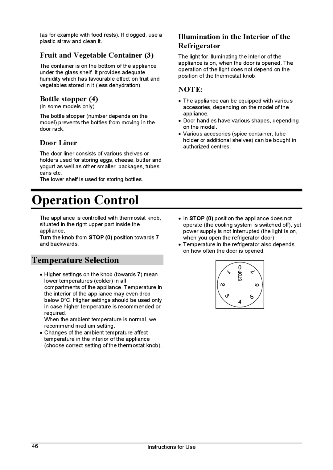 Smeg FA28A manual Operation Control, Temperature Selection 