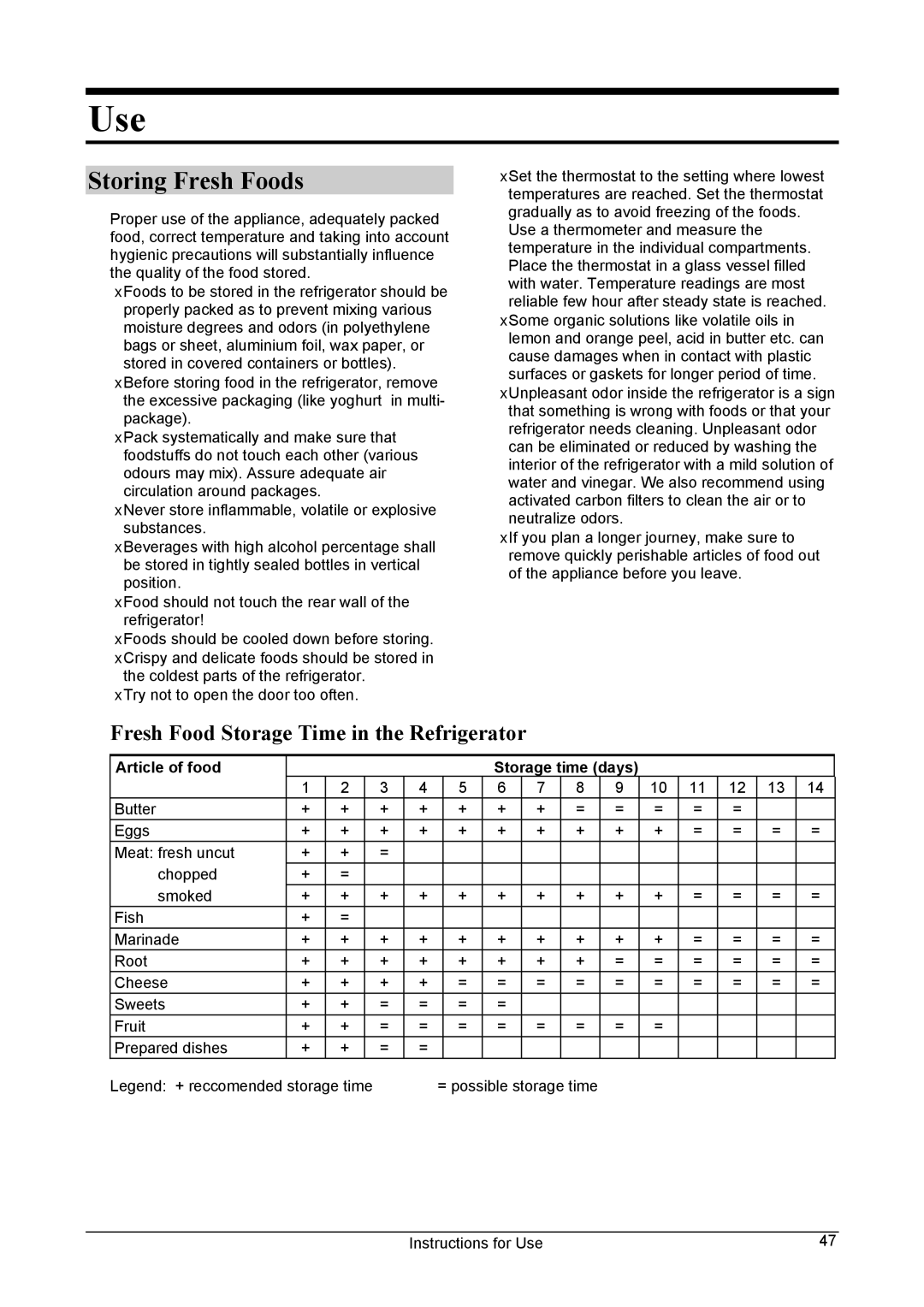 Smeg FA28A manual Use, Storing Fresh Foods, Fresh Food Storage Time in the Refrigerator, Article of food Storage time days 