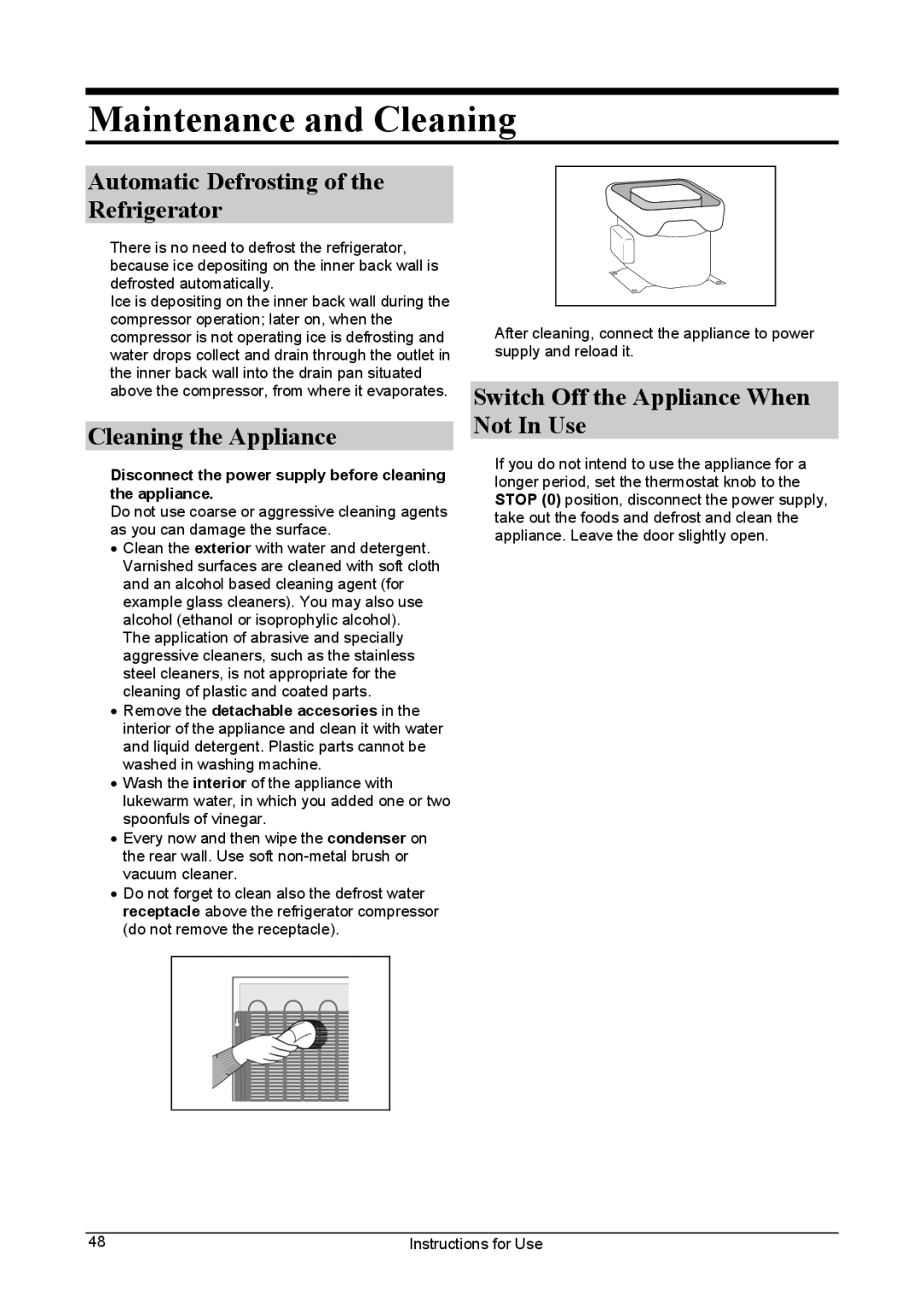 Smeg FA28A manual Maintenance and Cleaning, Automatic Defrosting of the Refrigerator, Cleaning the Appliance 