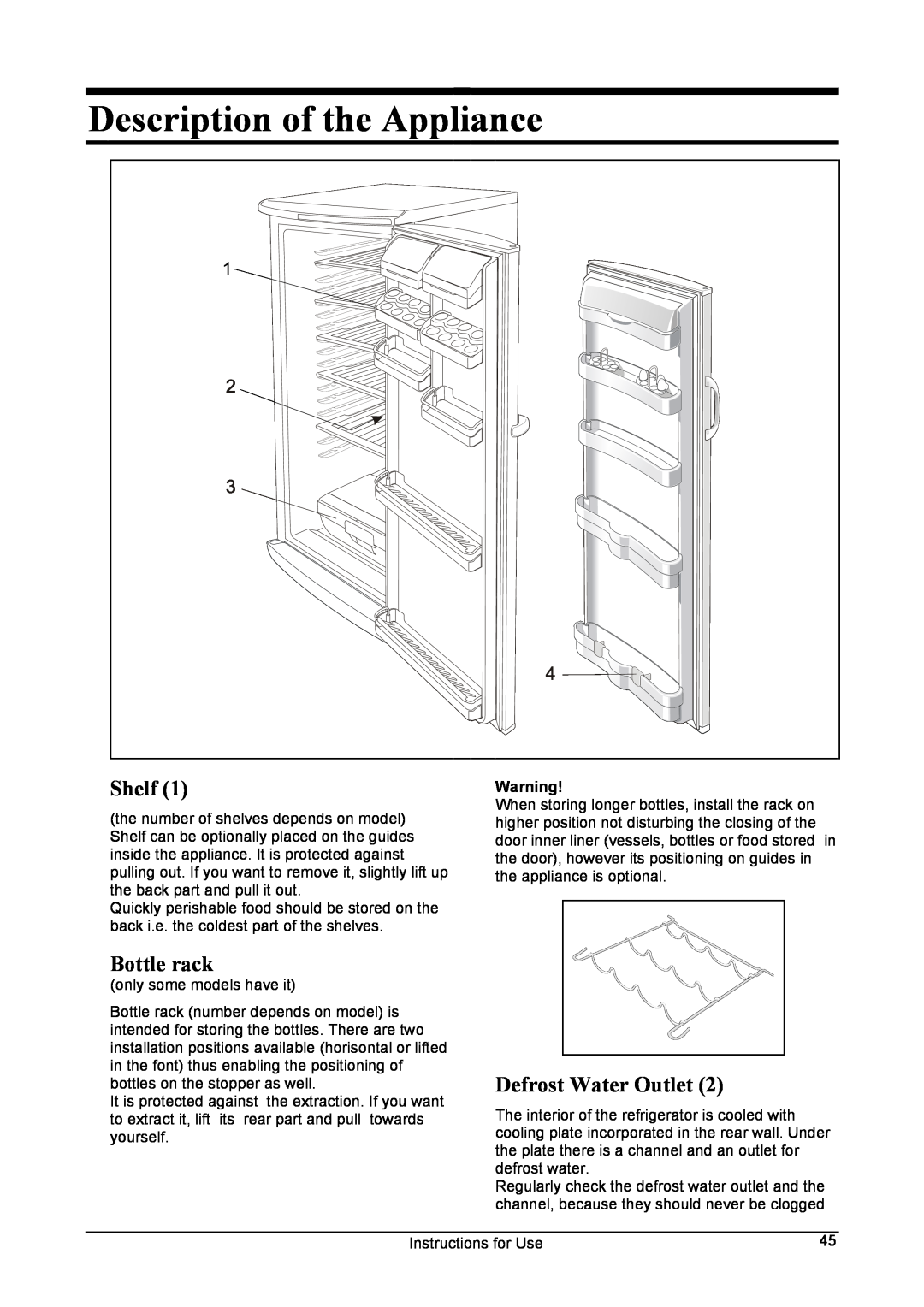 Smeg FA28A manual Description of the Appliance, Shelf, Bottle rack, Defrost Water Outlet 