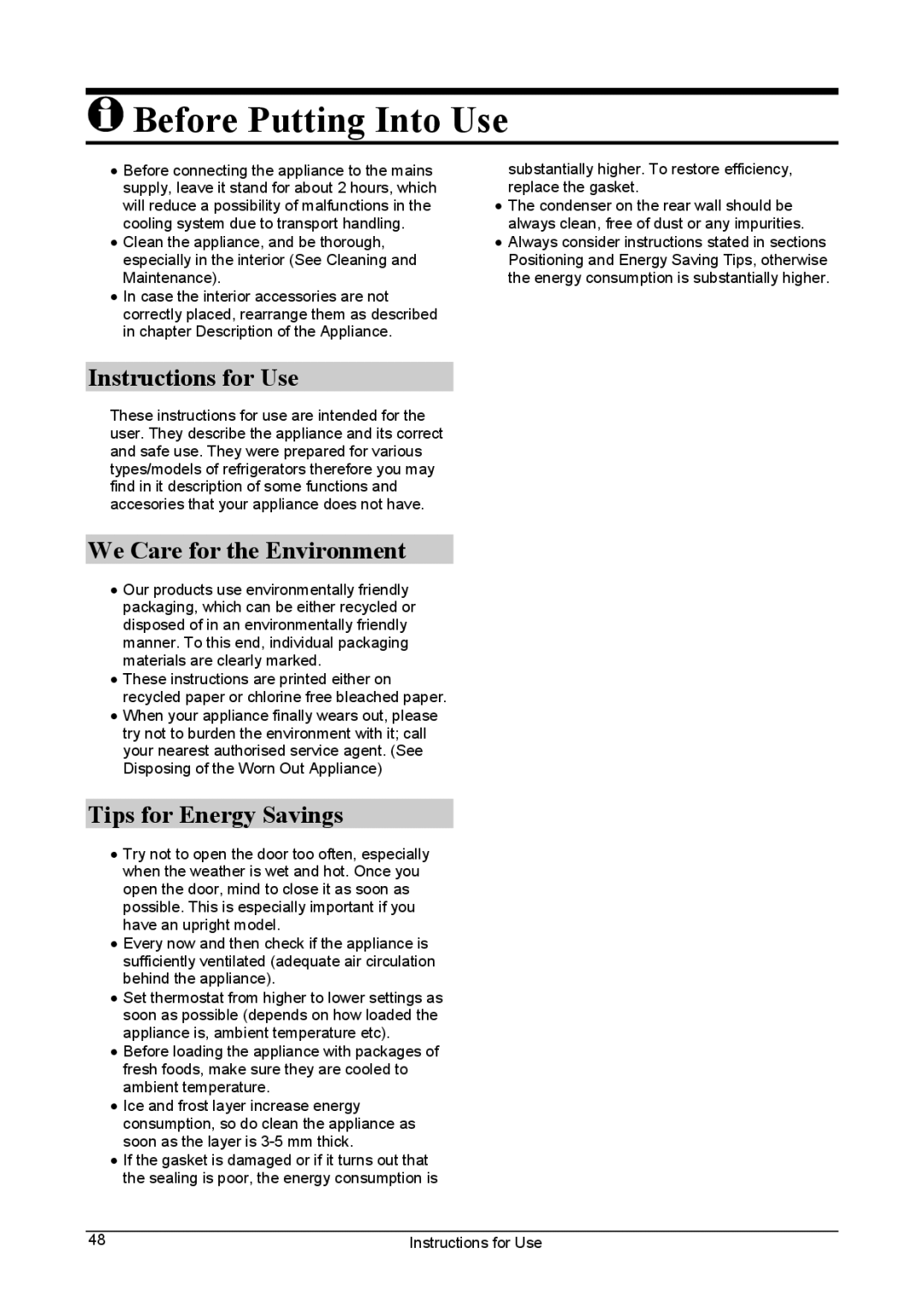 Smeg FA28A1, FA28AP Before Putting Into Use, Instructions for Use, We Care for the Environment, Tips for Energy Savings 