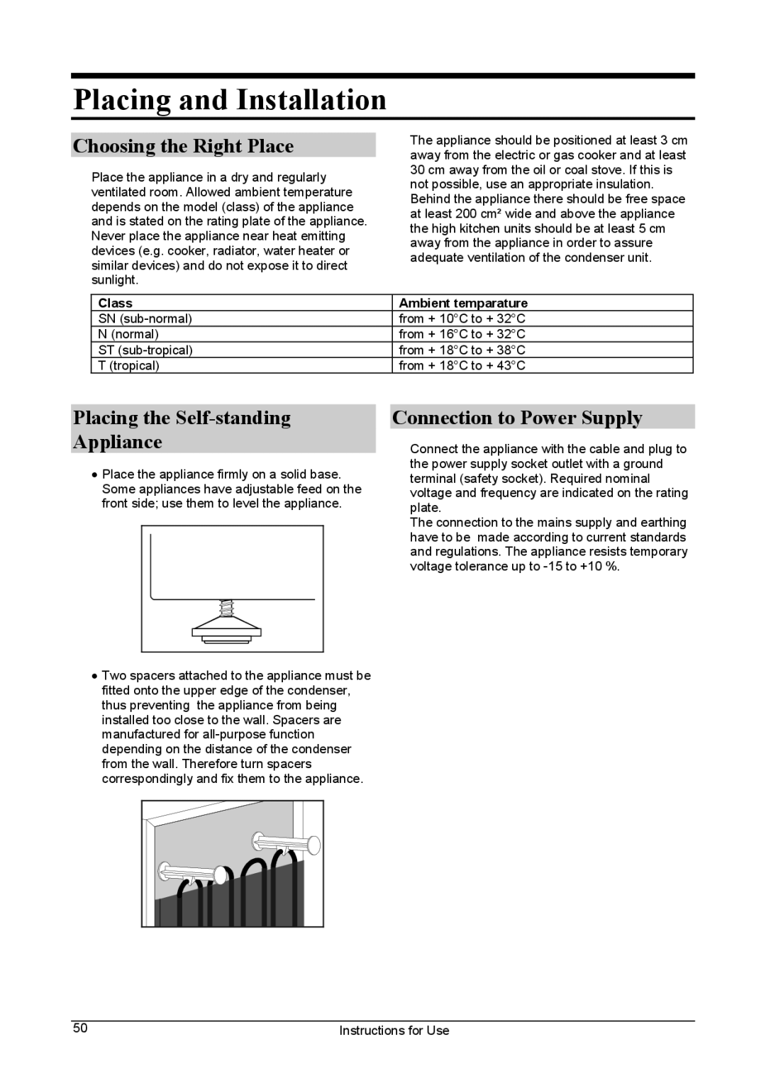 Smeg FA28A1, FA28AP manual Placing and Installation, Choosing the Right Place, Placing the Self-standing Appliance 