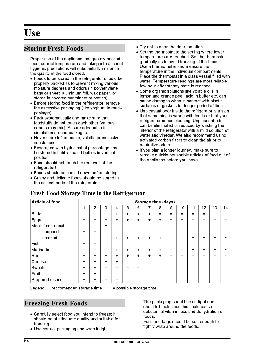 Smeg FA28A1, FA28AP manual Use, Storing Fresh Foods, Freezing Fresh Foods, Fresh Food Storage Time in the Refrigerator 